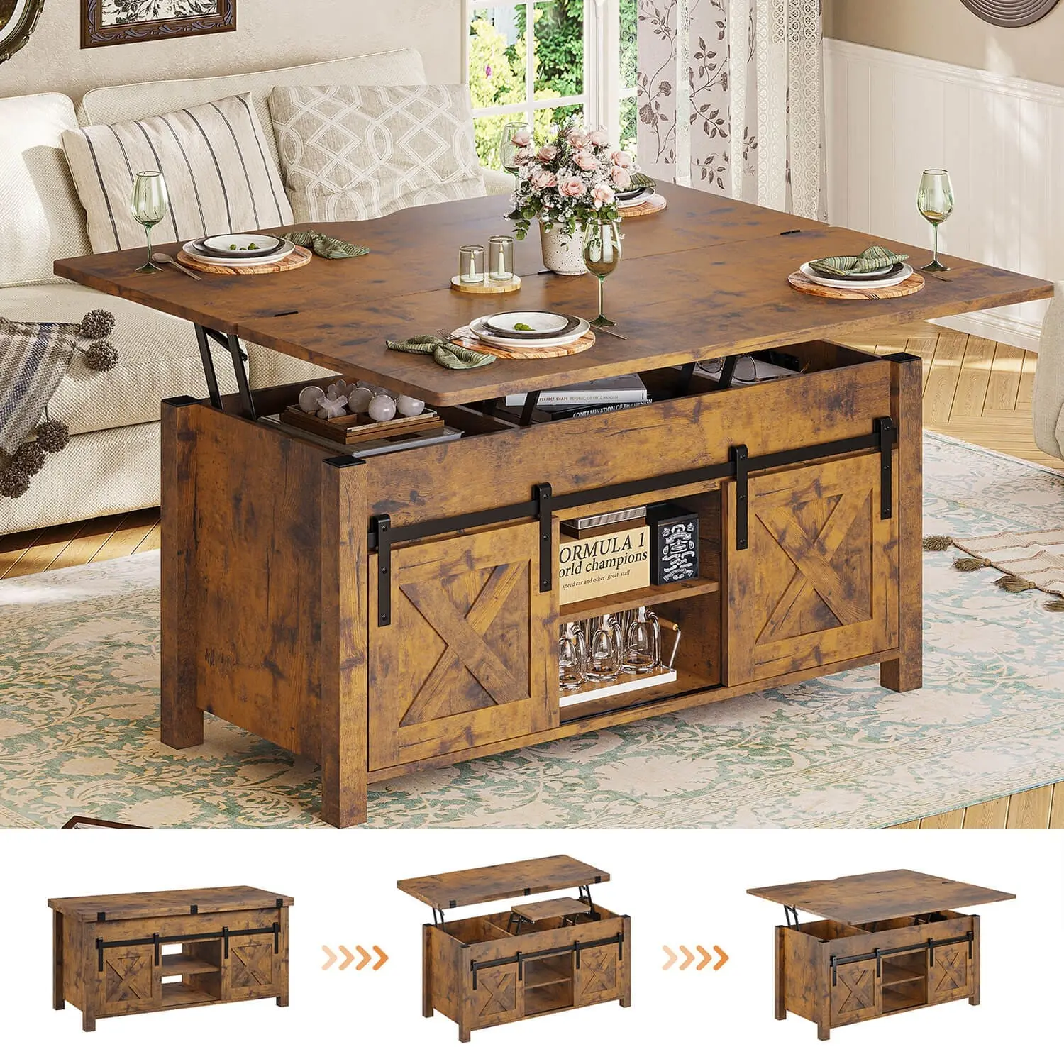 SIKAIC Farmhouse Rustic Lift-Top Coffee Table - Farmhouse Rectangular Wooden Table with Hidden Storage for Living Room, Farmhouse Rectangular Table