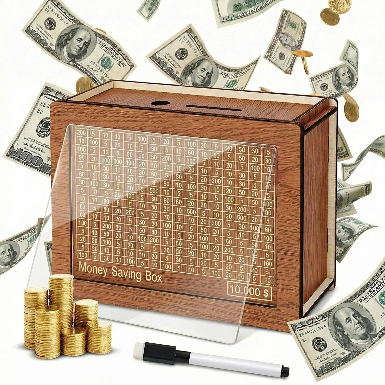 10000 Savings Challenge Box, Wooden Money Saving Piggy Bank for Adults Kids, Reusable, Targets 10k