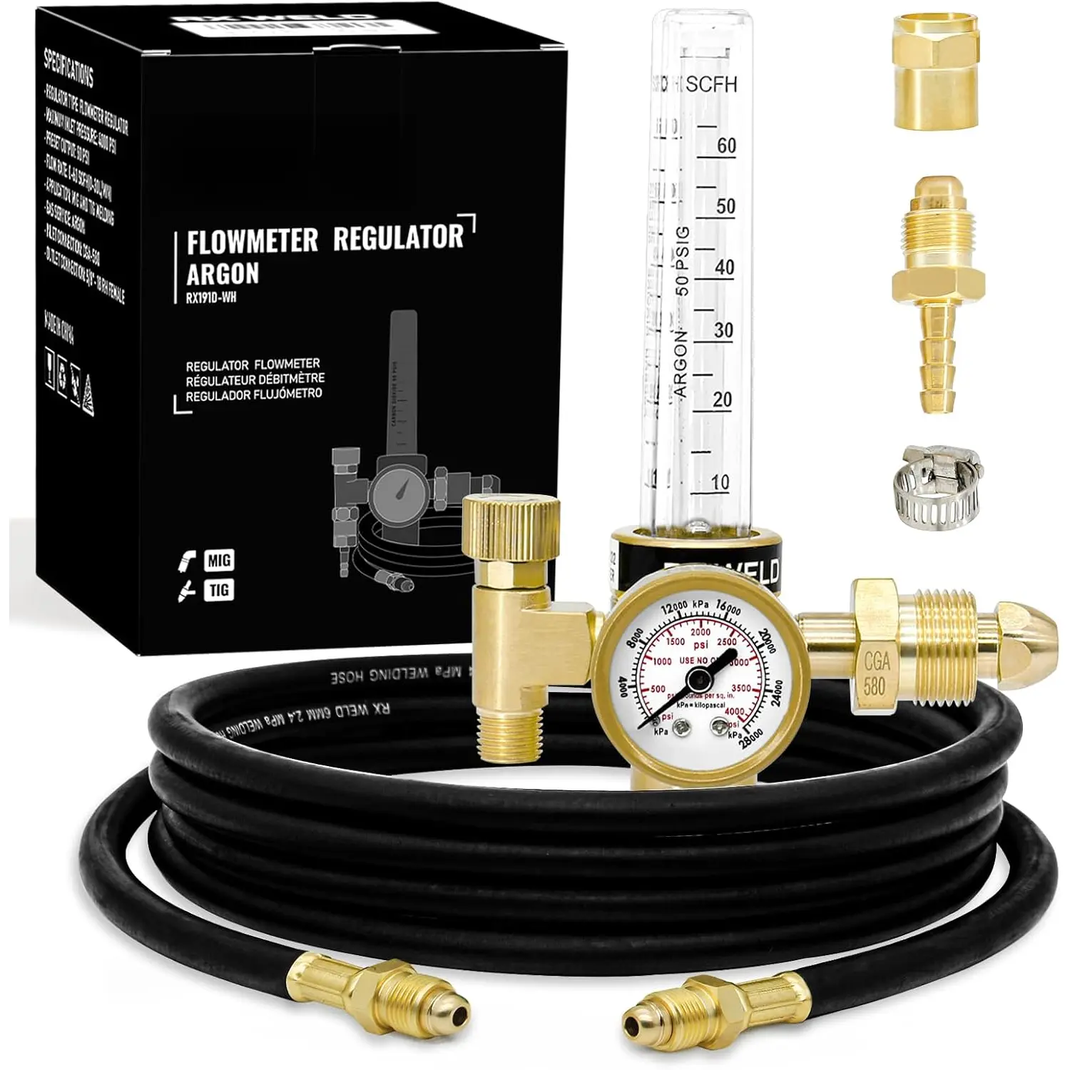 1 x Argon Regulator with Ball Gauge & Brass Body, 1 x 6.6ft Hose + Clamp, Accurate Gas Metering, Manufacturer Warranty for MIG-TIG Welders, Welding Accessories
