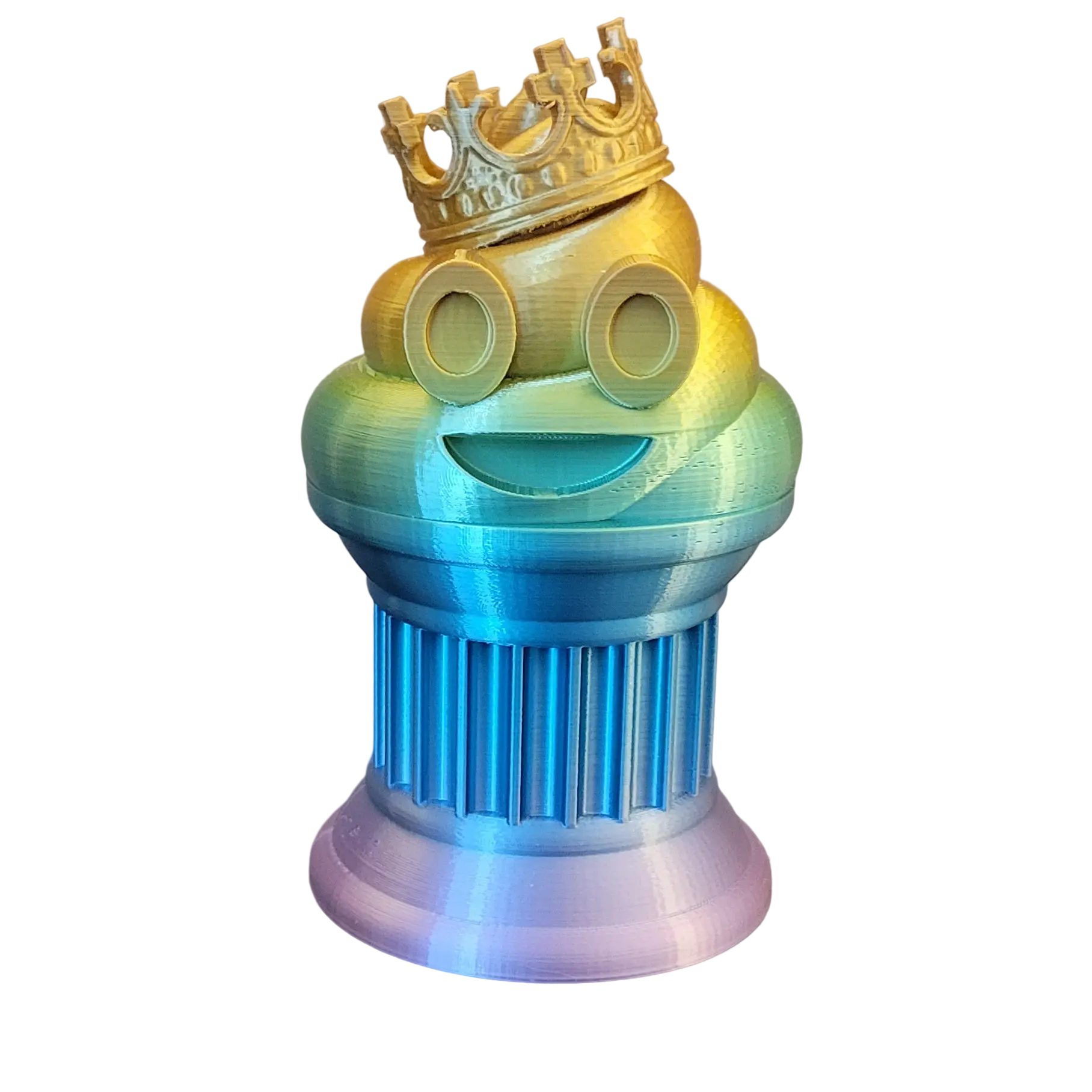 Znet3D King Poop Emoji Trophy - Fun Award & Gift - Handmade w/Additive Manufacturing - 6" inches Tall - Featuring a Solid Rainbow Poop Emoji with a Crown, Secured on a Column Pillar - Funny Trophy