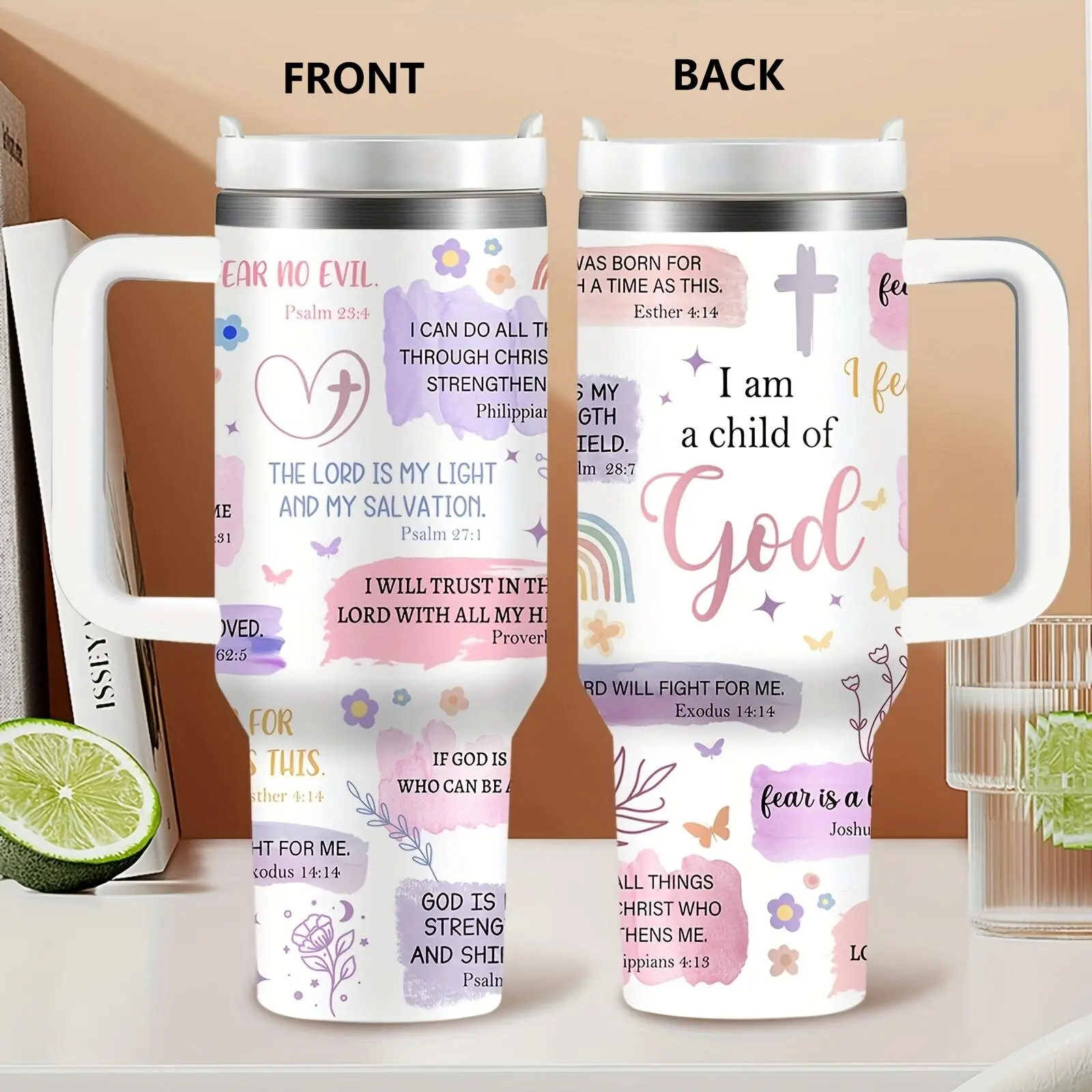 Christian Theme 40oz 1PC Tumbler Stainless Steel Coffee Mug With Lid & Straw Christmas & Thanksgiving Gift BPA-Free Daily Hydration Outdoor Activities Gift For Family Friends Psalms Lovers Sports Water Bottle Drinkware