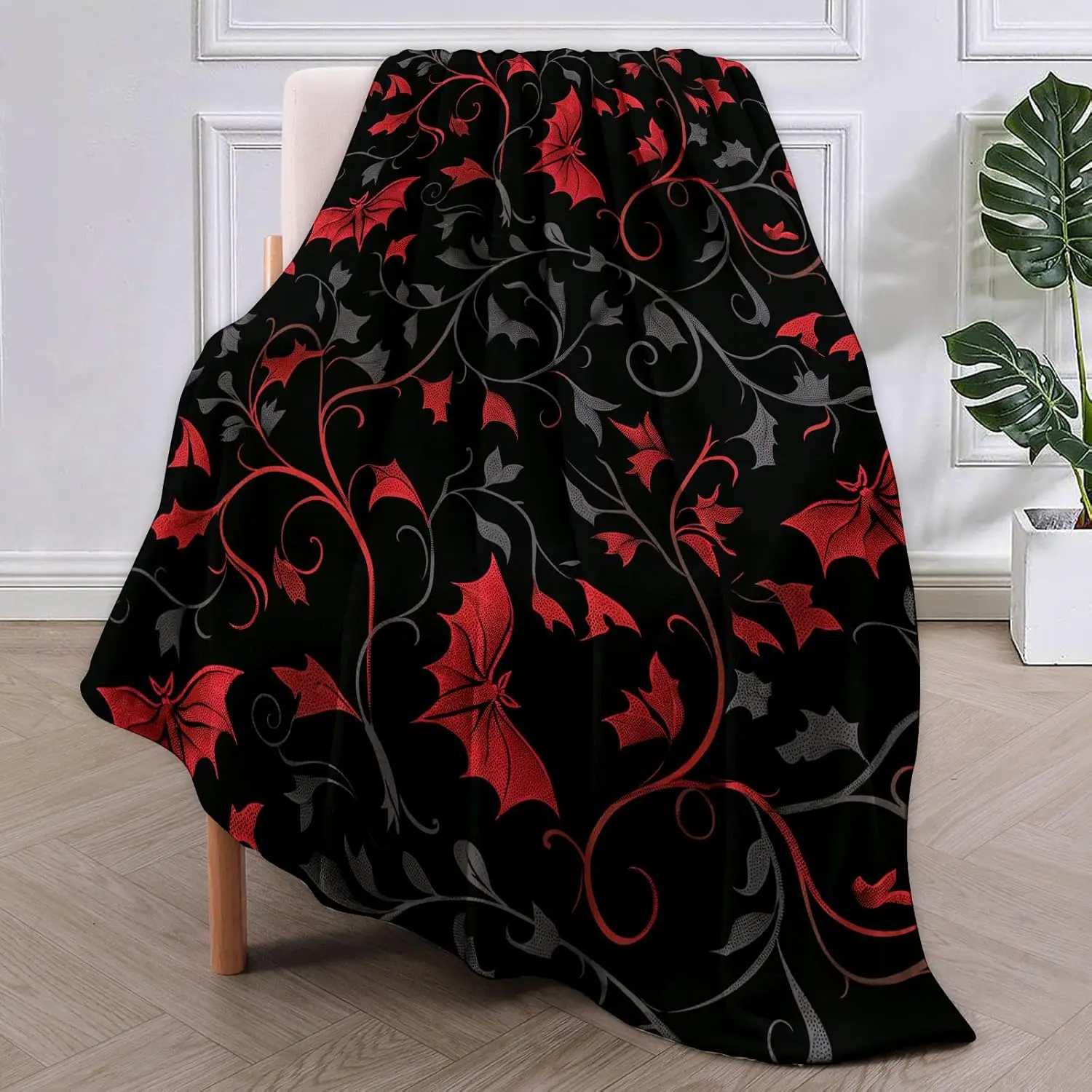 Custom Flannel Throw Blanket, 50x60 in, Enchanted Autumn Leaves & Elegant Red-Black Bat Design, Halloween Home Decor, Giftable Decorative Blanket, Custom Flannel Blanket, Throw Blankets