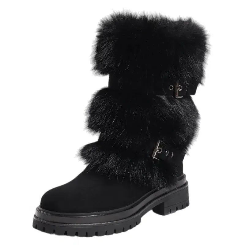 Women's Winter Ankle Boots with Side Zipper, Faux Fur Lined Comfortable Low Heel Shoes with Durable Sole for Outdoors, Comfortable Heels, Cuban, Plain, Round Toe, Footwear, Casual, Walking Shoes