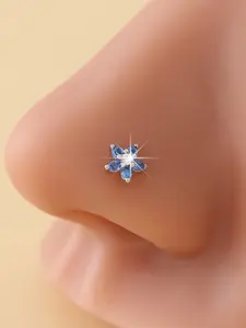 Small Flower Nose Stud with Blue Synthetic Zircon, Cute Design, Daily Wear, Gift Idea, Geometric Pattern, Stainless Steel Chain Material, Floral Nose Stud, Nose Piercing Jewelry