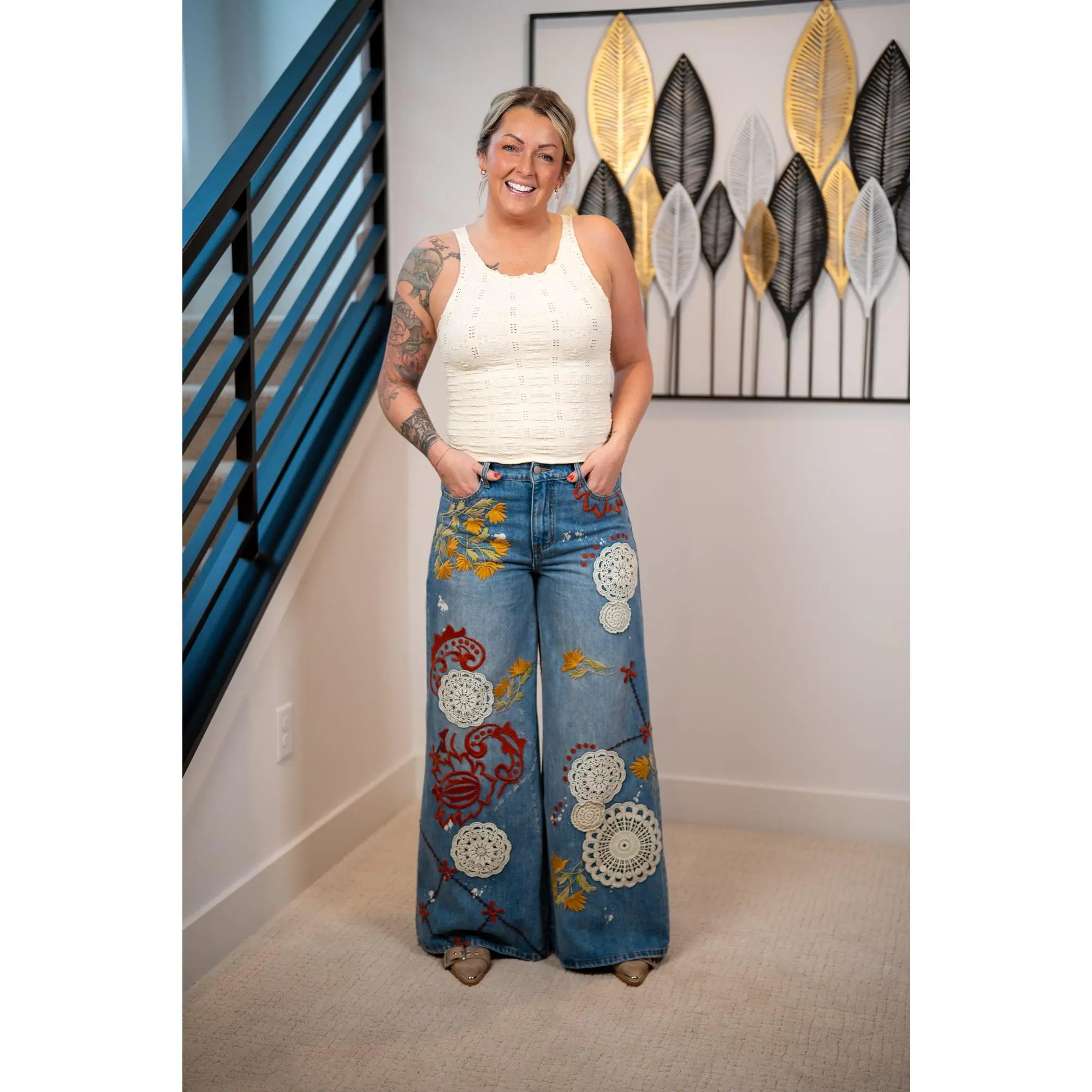 Effortless Bloom Embroidered Denim Jeans – Oli & Hali