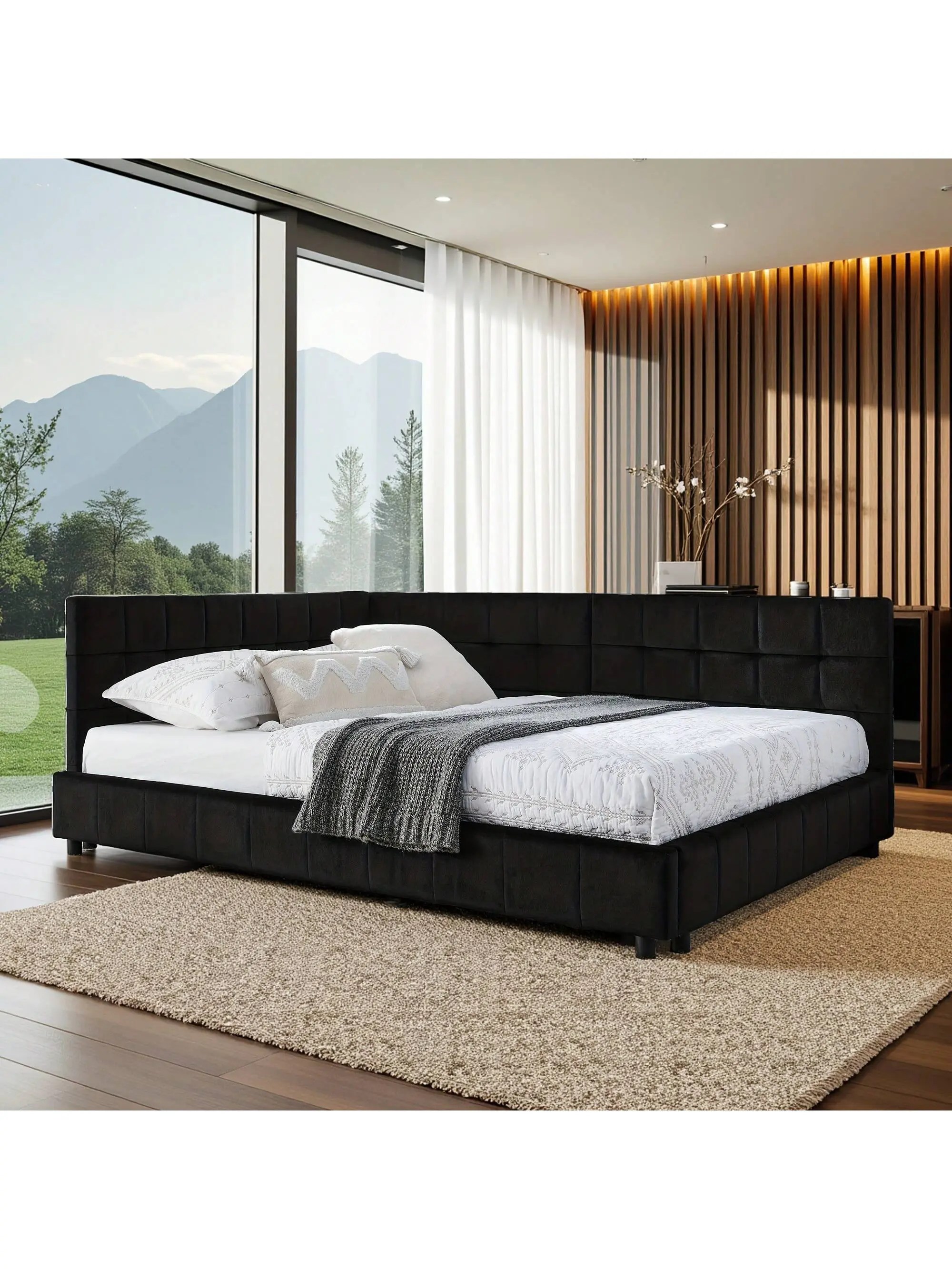 Full size velvet plush soft cushion bed frame,Sofa bed two in one,Equipped with backrest armrest ,Dual use for bedroom and living room,Black light luxury texture Daybed