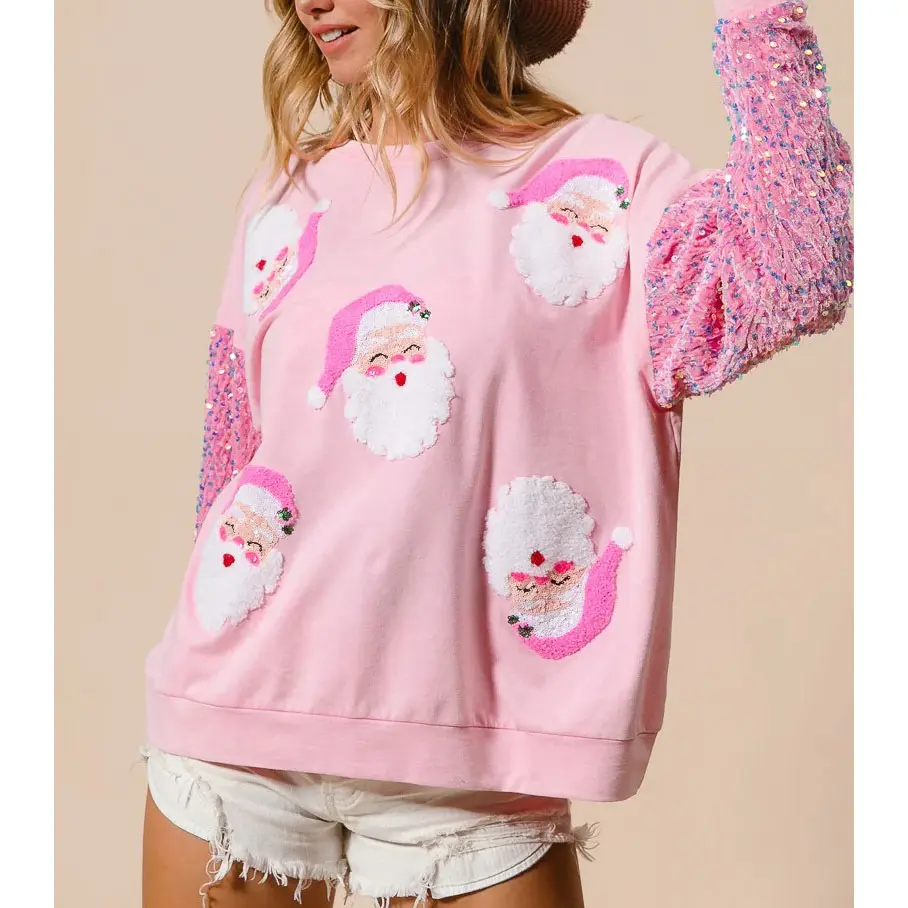 Women Christmas Santa Claus Printed Hoodie Loose Sequins Long Sleeve Sweater Casual Round Neck Pullover Blouse Sweatshits Winter Trendy Outfits Tops