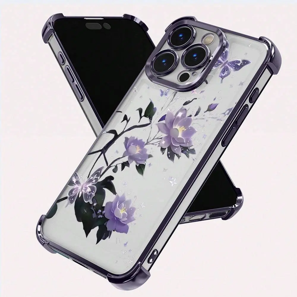 Luxurious purple floral high-quality transparent phone case with reinforced corners and electroplated finish, compatible with 17/16/15/14/13/12/11 Pro Plus series. An ideal gift for holidays, perfect for friends and family.