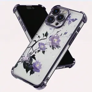 Luxurious purple floral high-quality transparent phone case with reinforced corners and electroplated finish, compatible with 17/16/15/14/13/12/11 Pro Plus series. An ideal gift for holidays, perfect for friends and family.