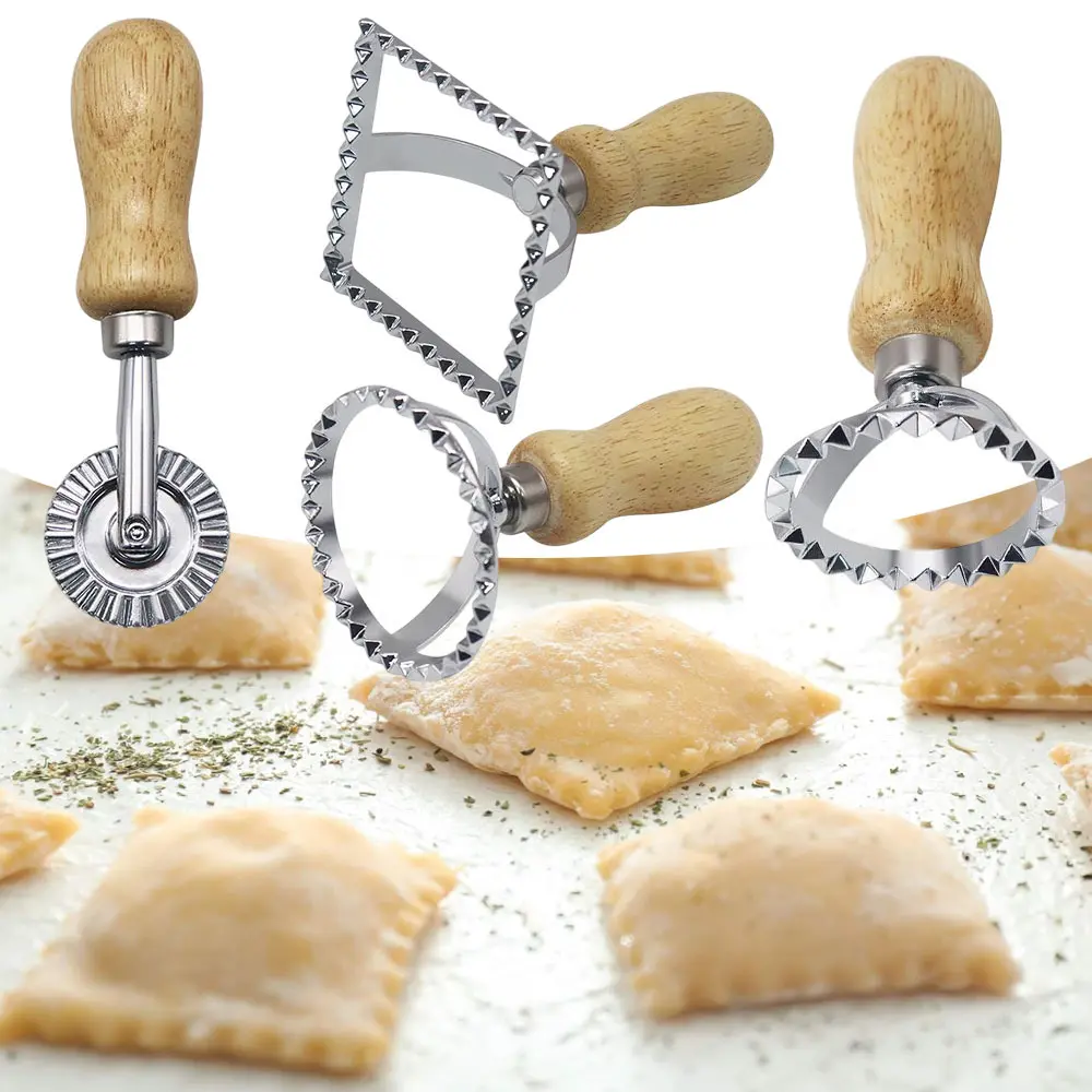 Ravioli Maker Stamp Cutter with Roller Wheel Set Pasta Maker Mold with Wooden Handle and Fluted Edge Ravioli Cutter and Press Stamp for Pasta Dumplings Lasagna Pierogi