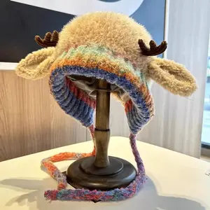 Christmas Reindeer Antler Hat, Knitted Warm Winter Hat with Ear Protection, Windproof and Cozy, Adjustable Size Fits Kids to Adults, Multi-use Design – Can Also Be Used as a Handbag