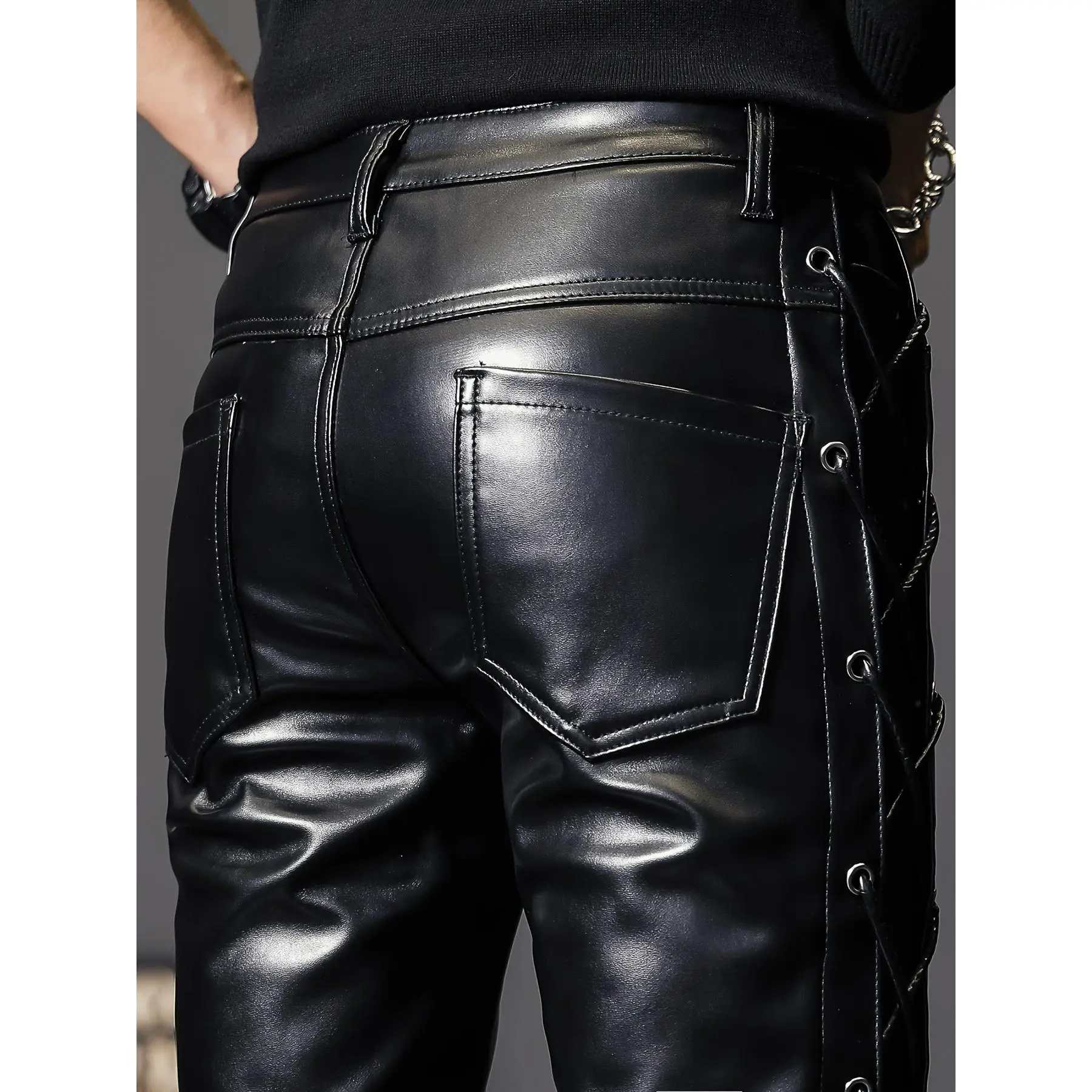 Men`s Rock Steampunk Lace Up PU Stylish Motorcycle Biker Faux Leather Pants Slim Fit For Party Night Club