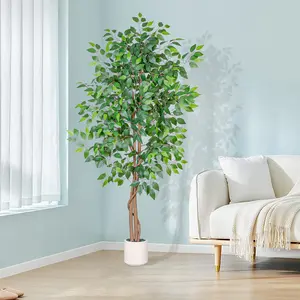 5FT Artificial Ficus Tree with White Planter, Realistic Faux Silk Indoor Outdoor Plant for Home Office Living Room, Porch, Garden Decor