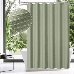 Green Shower Curtain - Waffle Textured Heavy Duty Thick Fabric Shower Curtains for Bathroom, 256GSM Luxury Weighted Polyester Cloth Bath Curtain Set with 12 Plastic Hooks，72Wx72H