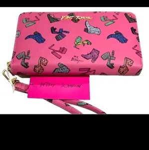 BETSEY JOHNSON Pink Wristlet Wallet Boot Shoe Print