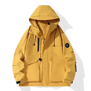Men's Yellow Hooded Work Jacket - Multi Pocket Design, Waterproof Fabric, Ideal for Outdoor Hiking and Street StyleRAIMENTRY