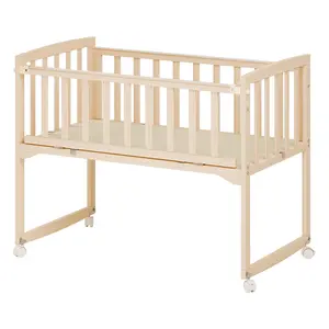 Explorinox Wooden Bedside Bassinet Pine Wood Crib with Detachable Fence & Wheels Baby Bed for Newborns & Infants 104cm x 60cm x 80cm