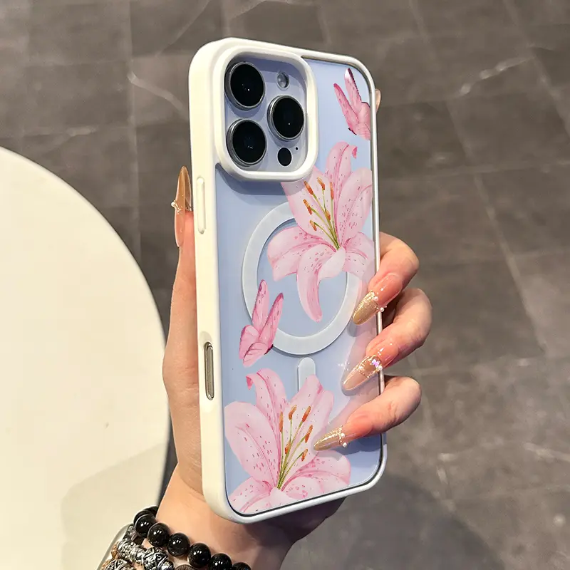 Premium Magnetic Case for iPhone11/12/13/14/15/16/promax Butterfly Lilies y2k cased MagSafe Compatible, Aesthetic Pattern Design Perfect for Everyday Use, Accessories, Butterflies, Smartphone