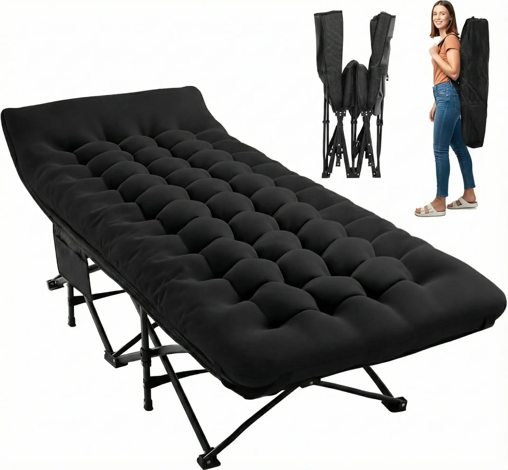 LEVISVIA Oversized Folding Camping Cot for Sleeping, Camping Cots for Adults with Mattress, 1200D Double Layer Oxford Portable Folding Cot Bed with Carry Bag for Guest, Travel, Hiking, Black