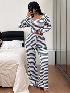 Women's Autumn Winter Pajama Set, Loungewear, Nightwear, U Neck Design, Striped Print Casual Simple Style, Soft Skin-Friendly Fabric, Indoor Outdoor Wear