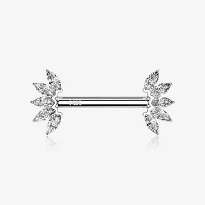 A Pair of 14 Karat White Gold OneFit™ Threadless Marquise Sparkle Floral Nipple Barbell