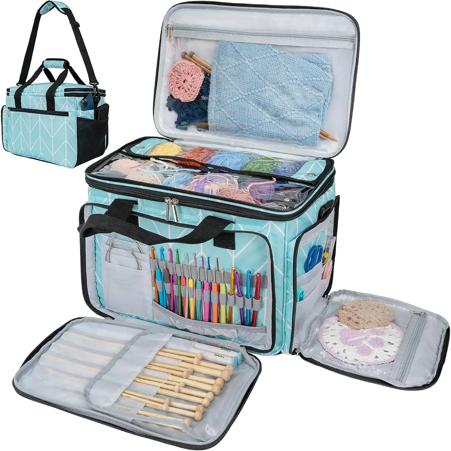 Knitting Bag Yarn Storage Tote, Large Crochet Organizer Bag, Yarn Storage Holder for Crocheting Knitter, Knitting Project Bag, Crochet Accessories Set, Gifts for Crochet Lovers, Chevron Teal
