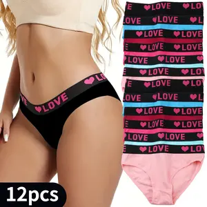 12-Pack Plus Size Solid Color Underwear with Text Waist Design Pure Cotton Soft Lingerie for Women's Curvy Fit Style
