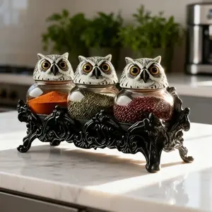 Witchy Owl Apothecary Spice Jars, Handcrafted Owl Spice Jar Set for Salt Pepper, Vintage Apothecary Jars with Lids, Gothic Food Storage Containers, Glass Spice Jars, Kitchen