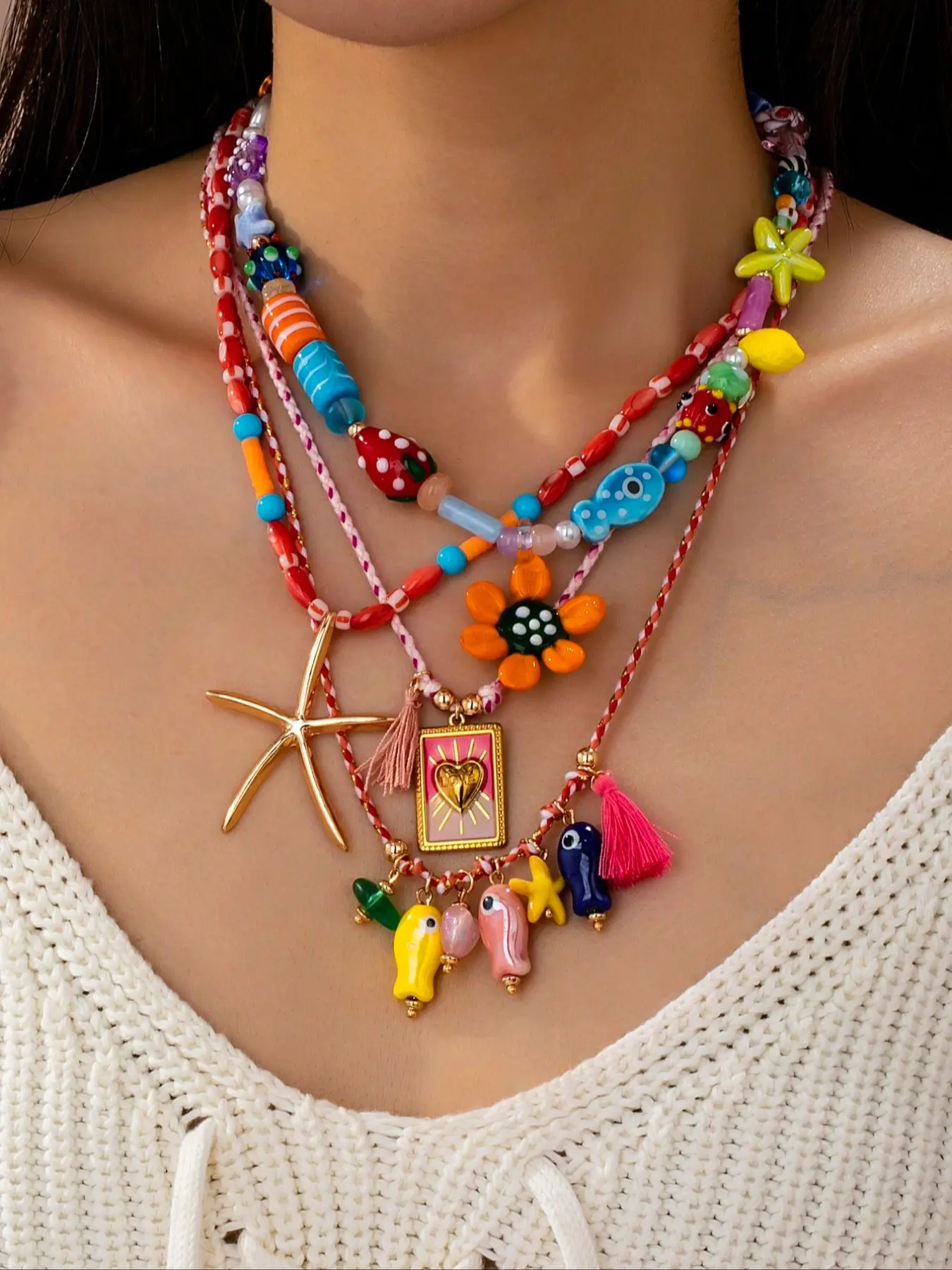Boho Chic Layered Beaded Necklaces Set, Statement Necklace, Handmade Braided Cord Necklace with Fish & Starfish Charms, Enameled Heart Design, Bohemian Chic, Boho Style Jewelry