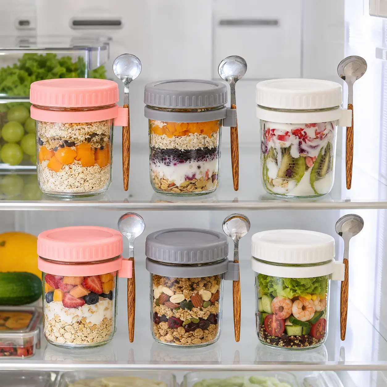 Wide Mouth Glass Mason Overnight Oats Jars with Airtight Sealed Lids, Wood Handle Spoon, 350ml Leak-Proof Glass Food Storage Containers for Picnic, Meal Prep, 3 Neutral Color Options