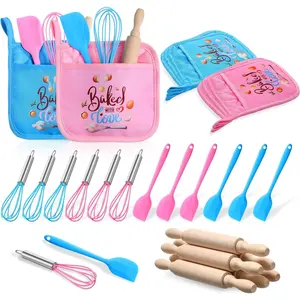 RoundFunny 24 Pcs Kids Mini Baking Supplies with Kitchen Utensil, Pot Holders, Spatula, Rolling Pin, Whisk for Kids Classroom School Exchange Party Favors (Medium)