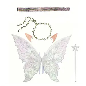 Adult & Girl Fairy Wings Costume Set, Includes Flower Wreath, Glowing Silver Color Wand, Pixie Ears, Organza Butterfly Wings, Perfect for Holidays