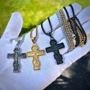 Stainless Steel Orthodox Cross & Necklace (3 Colors)