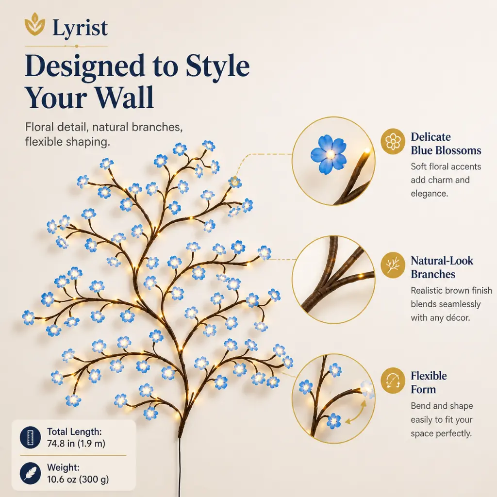 Lighted Flower Vine Wall Decor, 1.9M Flexible LED Tree Branch Light with Glowing Blue Blossoms, Warm Decorative Wall Light for Bedroom, Living Room, Dorm, Wedding, Party & Cozy Home Decor