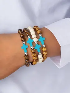 Fashion Vintage Spliced Dual Color Wood Bead Cross Bracelet Set, Boho Style Jewelry, Unisex Daily Wear, Versatile Hand Chain Accessories, Beaded Bracelets, Stackable Bracelets