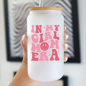 Sip-Sip Hooray!  Retro In My Girl Mom Era Glass Cup – Mother’s Day Gift with Lid & Plastic and Glass Straws, Cute Girl Mom Tumbler, Reusable Aesthetic Drinkware