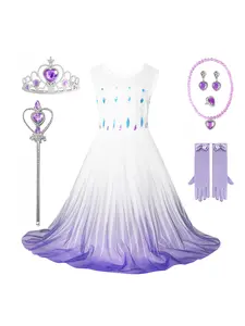 7Pcs Kids Purple Tulle Sequin Dress Girl's Frozen Princess Clothes with Wand, Crown, Earing, Necklass&Gloves 4-12Years Girls' Party Performance Costume Set