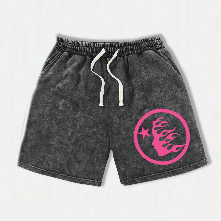 Men's Jogging Shorts, Retro Graphic Print Washed Cotton Blend, Lightweight Relaxed Fit Streetwear with Drawstring Waist and Pockets, Lightweight Workout Shorts, Gym Running Shorts