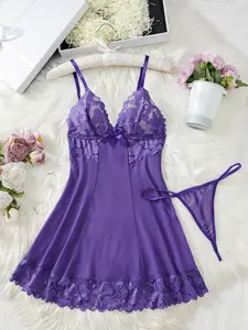 Women's 2pcs Bow Front Contrast Lace Mesh Cami Nightdress & Thong Set, Elegant Sexy Adjustable Spaghetti Strap Nightgown For All Seasons, Women Sexy Lingeries & Costumes For Daily Wear