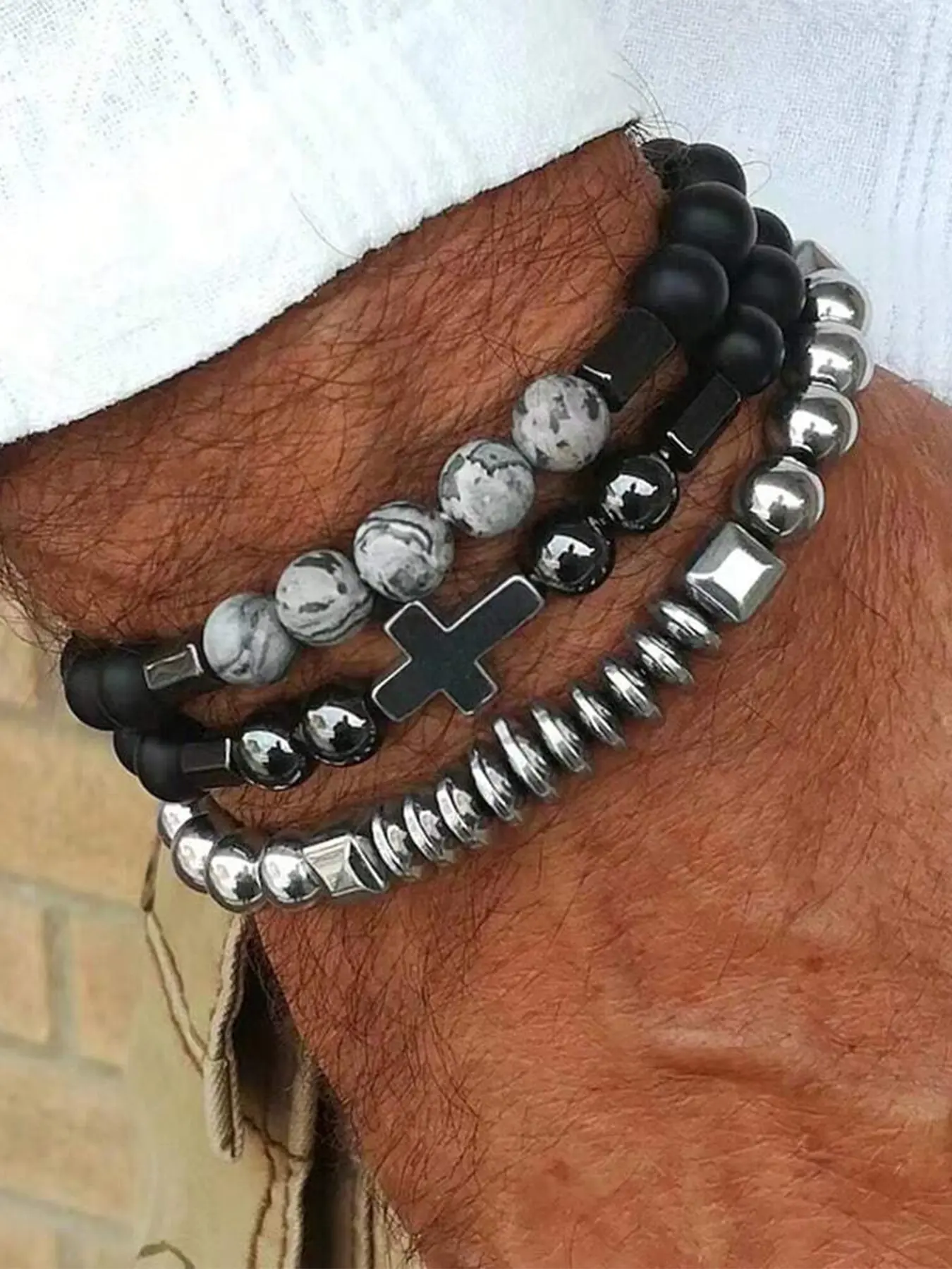 Men's Stainless Steel Cross Pendant Bracelet Set, Casual Beaded Design, Agate Stone, Perfect for Daily Wear & Parties, Beaded Style, Unique Pendant, High Quality Bracelet