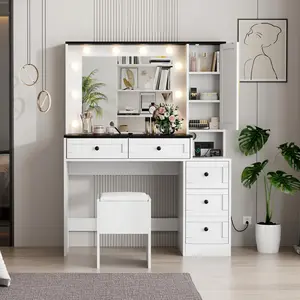 Makeup Vanity Set with Lighted Mirror & Charging Station, 5 Drawers, 3-Tier Cabinet, Upholstered Stool, Wooden Dressing Table for Bedroom, White