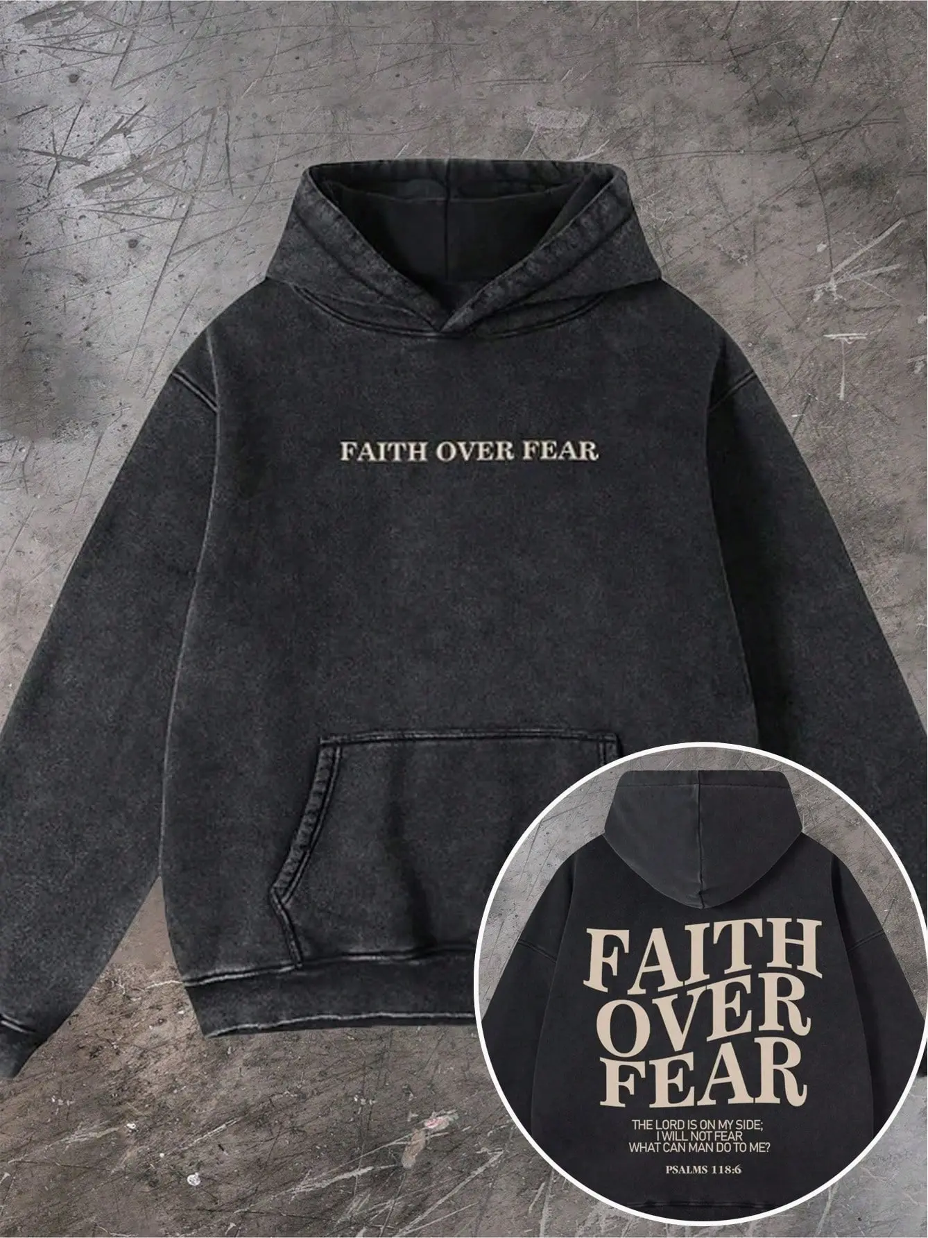 400G Heavyweight Washed Hoodie No Drawstring "Faith Over Fear" Christian Oversized Sweatshirt Unisex Streetwear