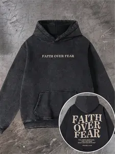 400G Heavyweight Washed Hoodie No Drawstring "Faith Over Fear" Christian Oversized Sweatshirt Unisex Streetwear