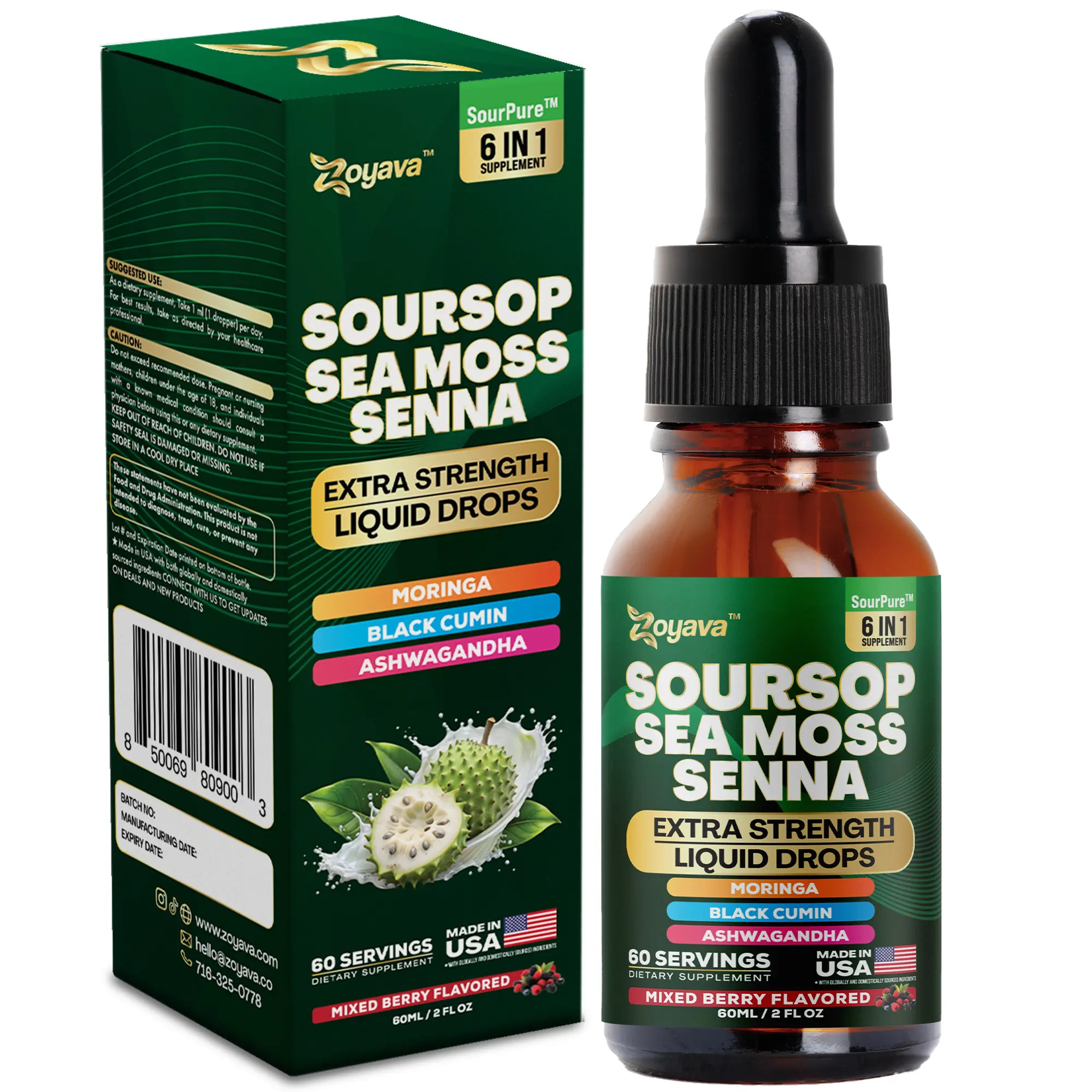 Zoyava Soursop Bitters – Flavored, Extra Strength All-in-One Dietary Supplement Drops, Made in USA – 60mL Nutrition Liquid