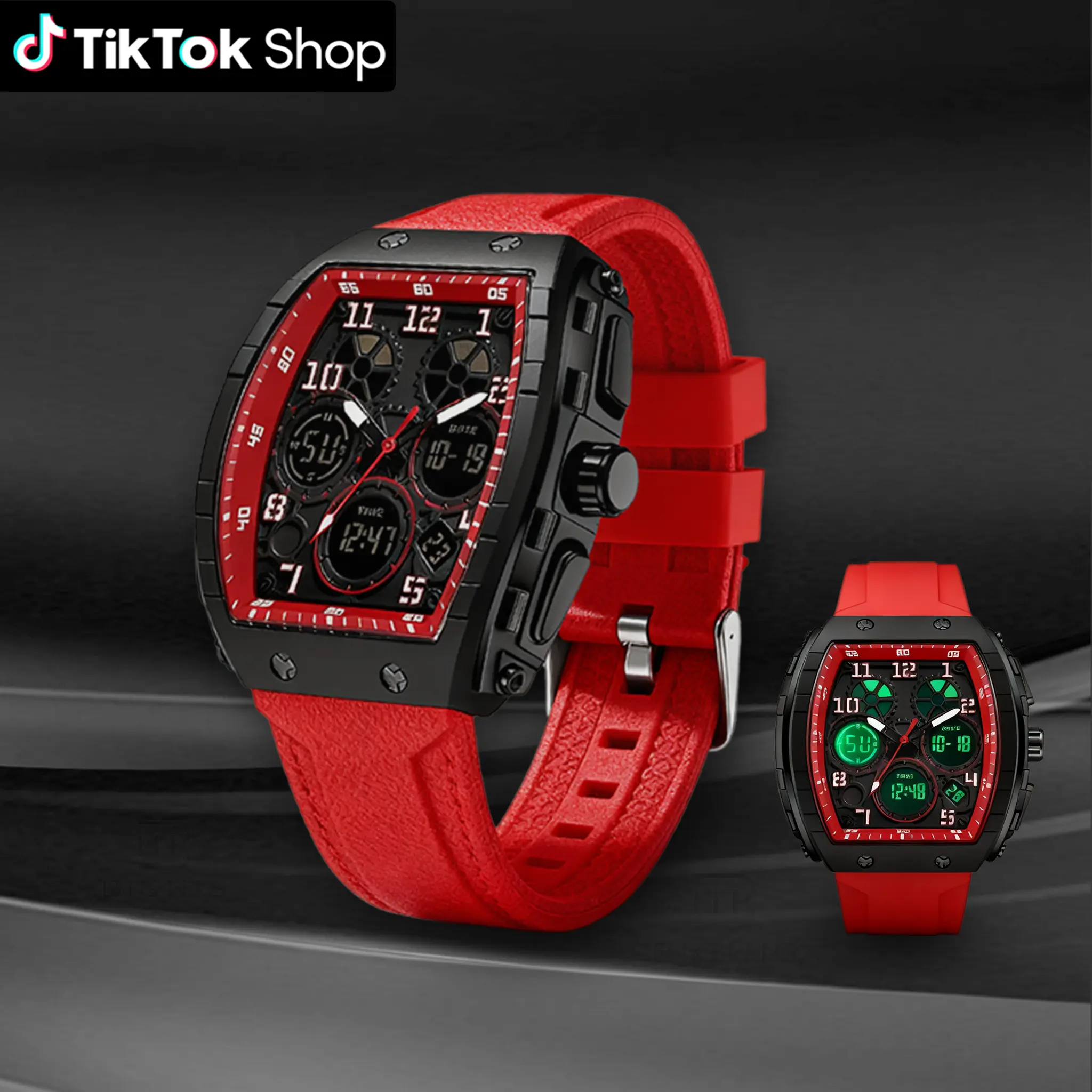 Men's High Quality Fashionable Waterproof Digital-Analog Quartz Wristwatch - Acrylic Multifunction Analog Watch, Dual Time, LED Luminous Display, Alarm, Stopwatch, Square Dial, Back to School Accessory, Analog Watches
