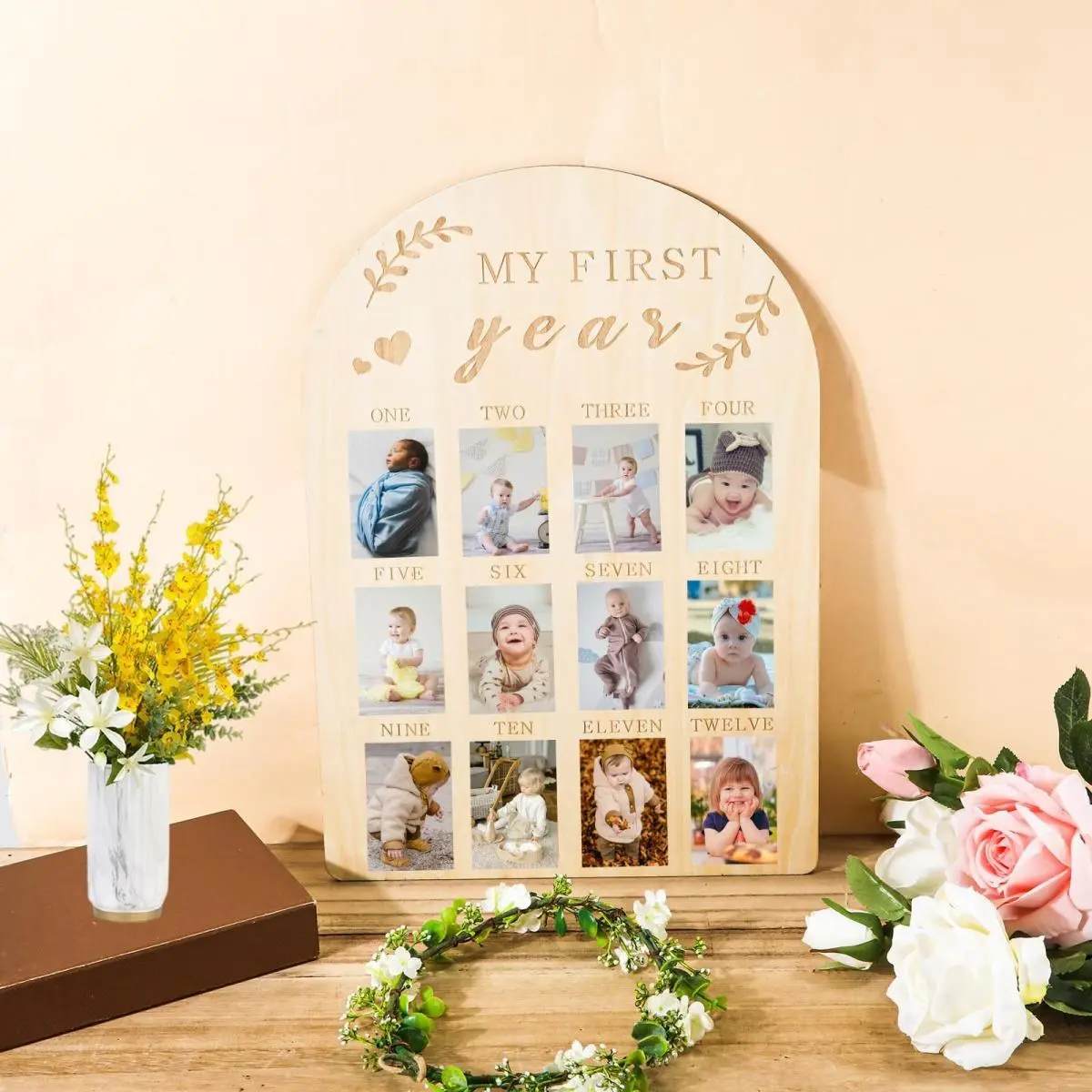 Wooden Baby Photo Display Frame, 1 Count My First Year Milestone Photo Display Frame, Photo Wall Decoration for Home Living Room Bedroom, Picture Frame, Home Decor Accessory, Wood Frames