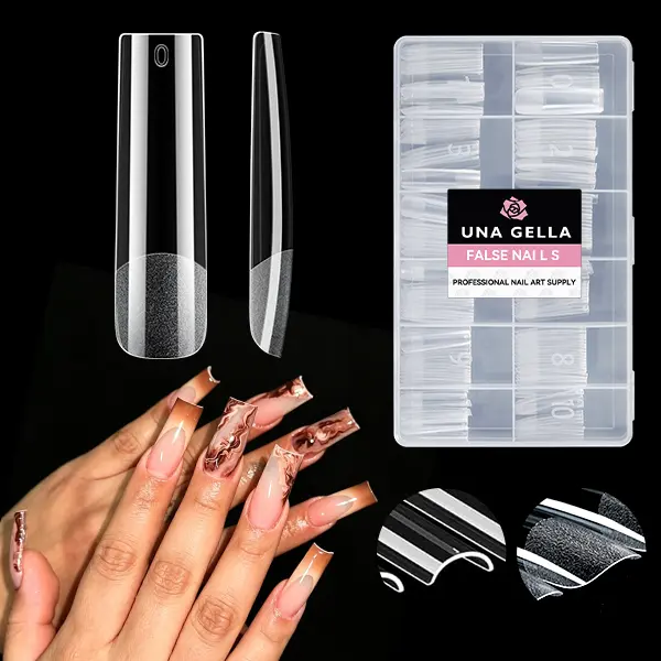 UNA GELLA 216PCS Clear Soft Gel Long Square Nail Press on Nails, 12 Sizes Full-Half Cover Pre-Filed Pre-Built Acrylic Extensions, No C Curve Flat-Friendly Transparent Fake Tips for DIY Salon Manicure TikTok Supplies sohochic