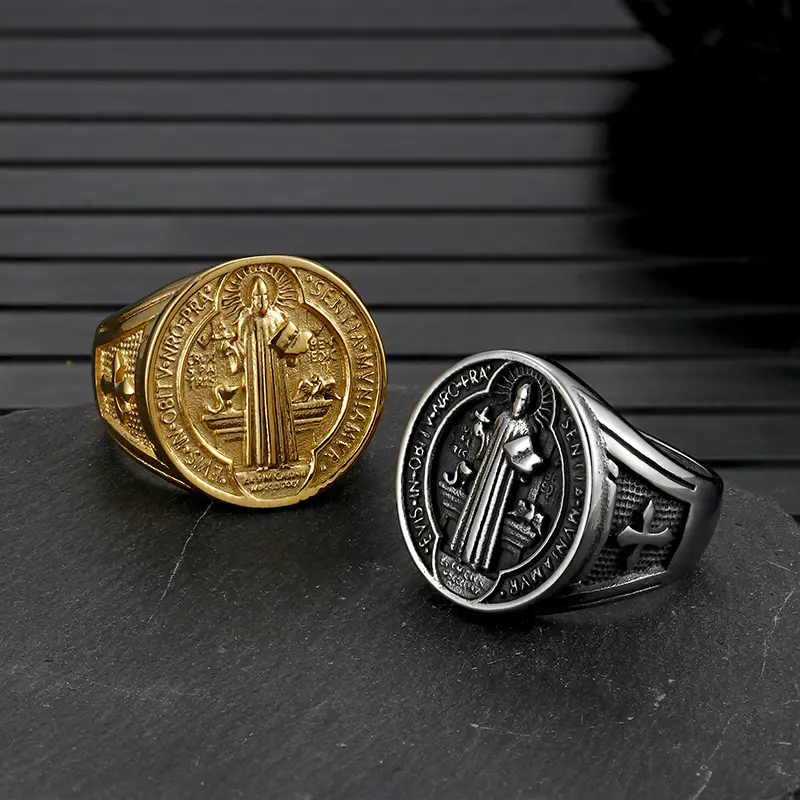 GTHIC 23mm St. Benedict's Medal Exorcism Stainless Steel Gothic Amulet Ring - Unisex Protection Religious Bold Look Jewelry for Anniversary Daily Wear