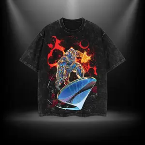 Silver Surfer V2 Fantastic 4 Comic Double Printed Oversize Lightweight Acid Washed Tee TV Series Graphic Top Cotton Streetwear T-Shirt boys merch Men's Regular Fit Floral Print Tee washed  streetwear Oversized Apparel