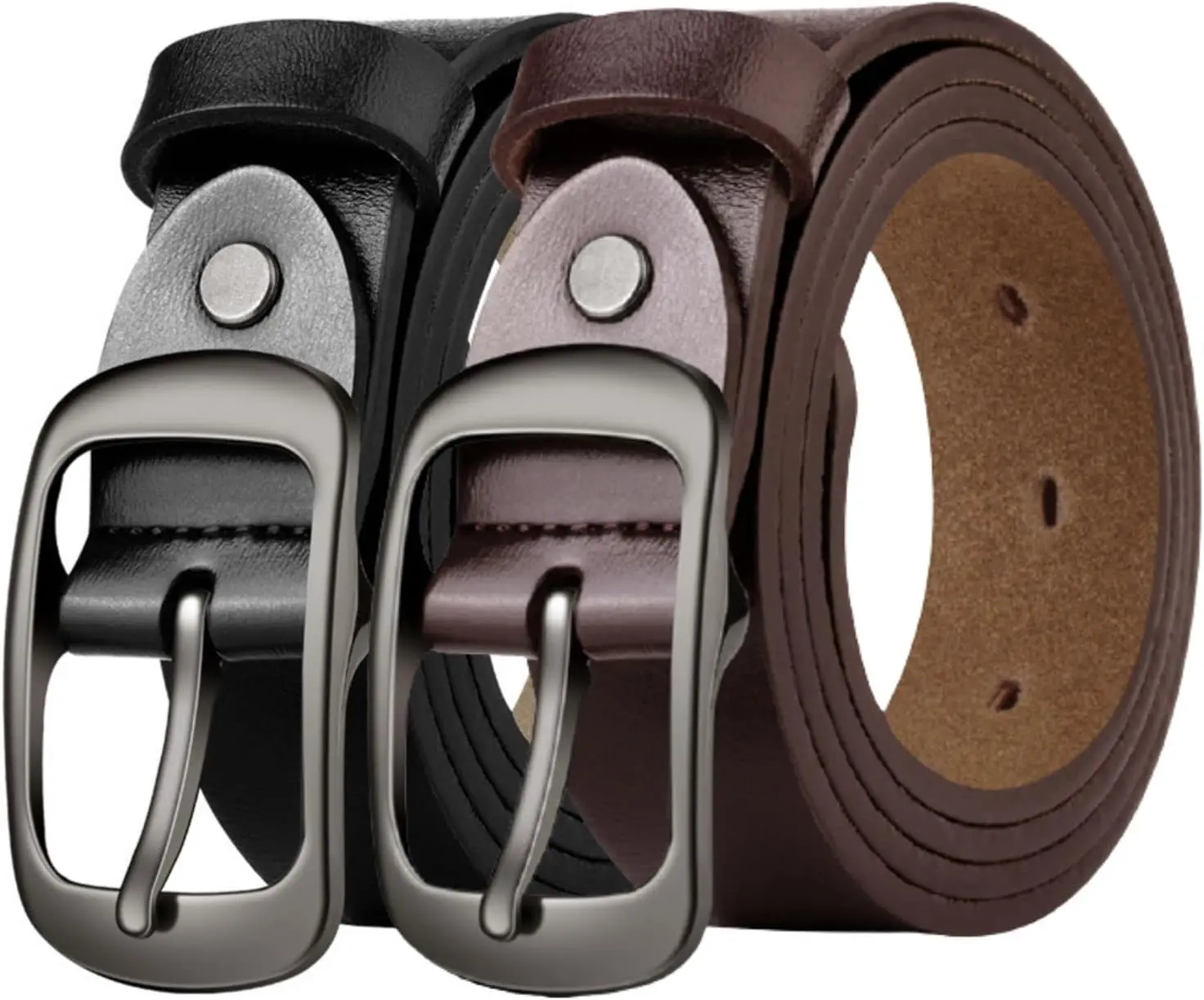 2 Pack - Leather Belt-Womens Leather Belt with Pin Buckle-Belts for Women for Jeans, Pants, Dresses